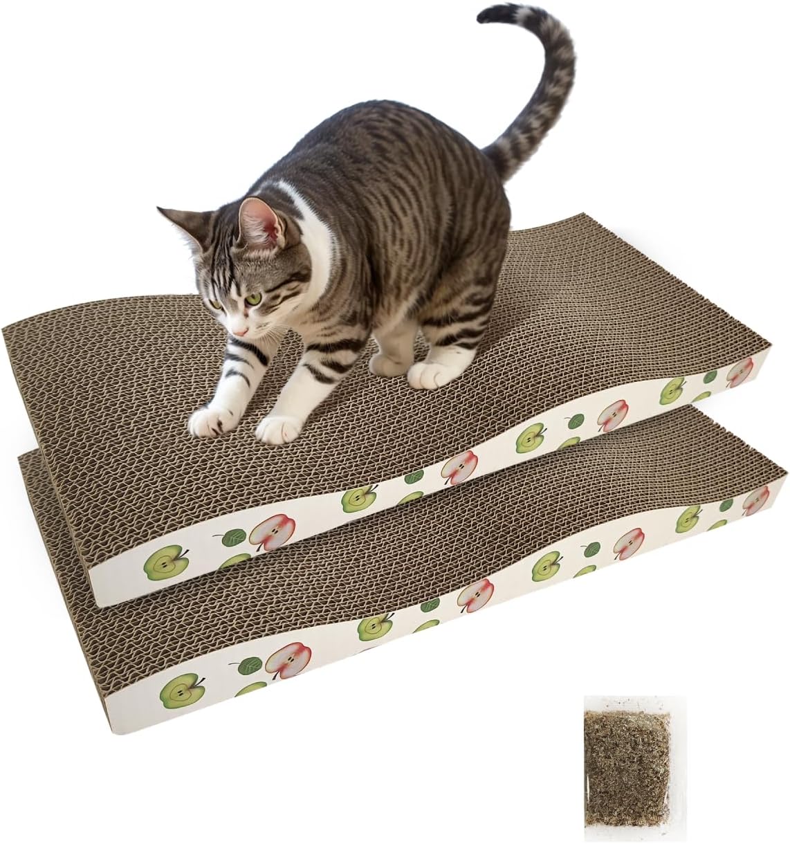 TIMHAKA Cat Scratching Board, Double-Sided Corrugated Cardboard Cat Scratcher with Catnip, Premium Scratch Texture Pad for Indoor Cats, Pack of 2, Apple