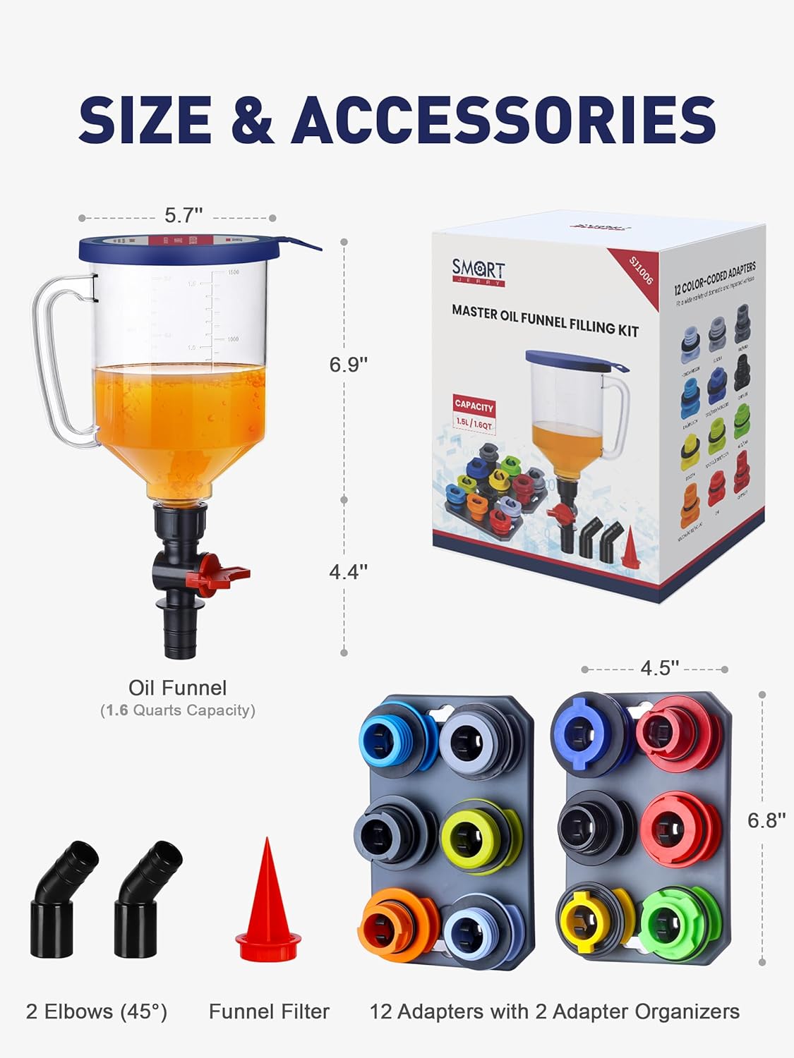 SMART JERRY Engine Oil Funnel Kit, Spill-Proof Oil Change Funnel with 12 Adapters, 1.6-Quart Capacity, Flow Control Valve, Magnetic Organizer Boards & 45° Elbows