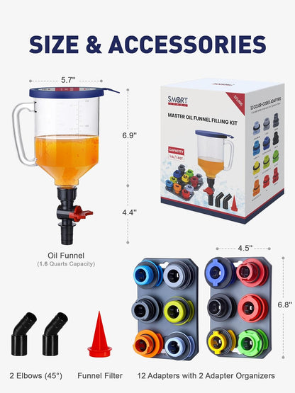 SMART JERRY Engine Oil Funnel Kit, Spill-Proof Oil Change Funnel with 12 Adapters, 1.6-Quart Capacity, Flow Control Valve, Magnetic Organizer Boards & 45° Elbows
