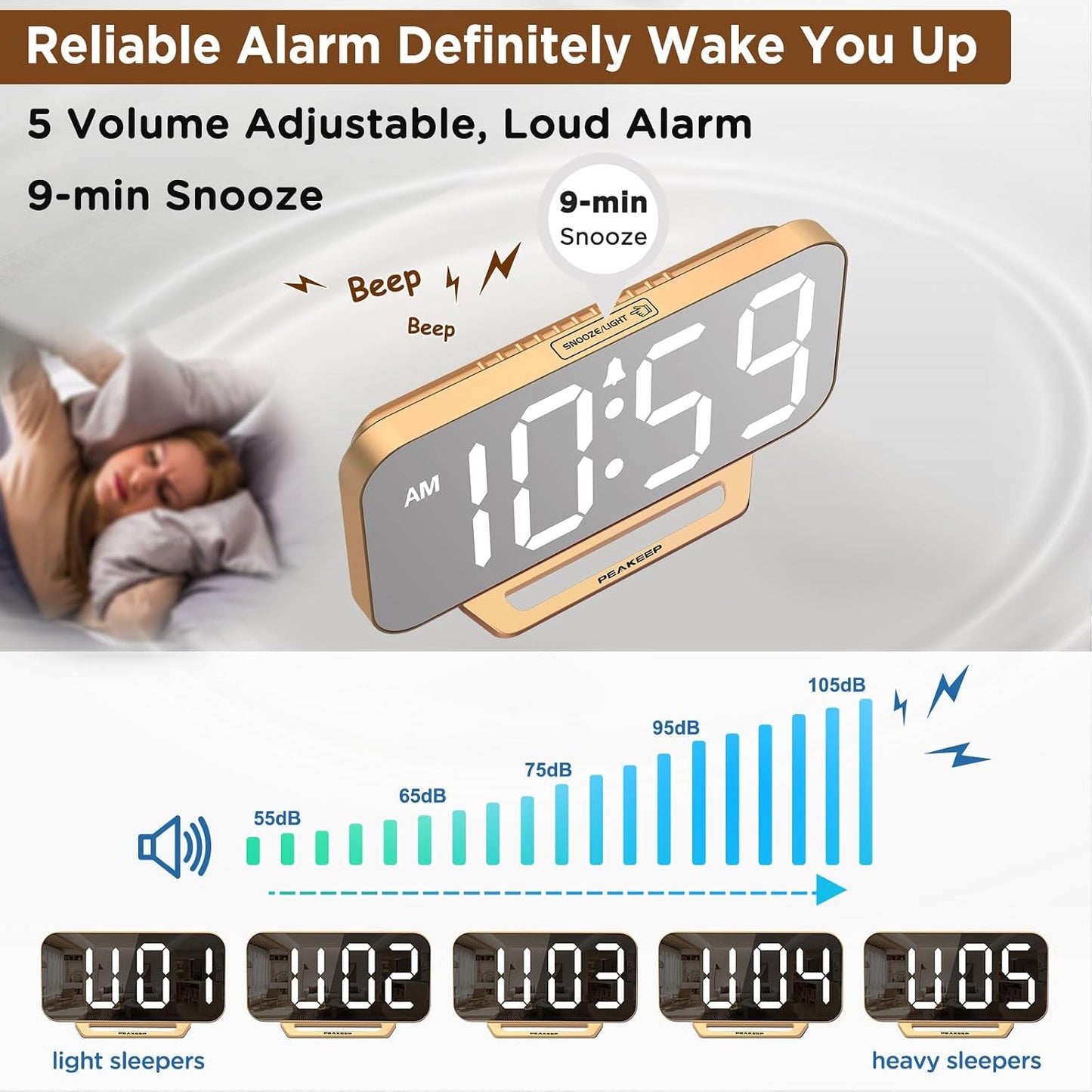 Slim Digital Mirror Alarm Clock, Large LED Display, 6-Level Brightness, Adjustable Alarm Volume, Gold