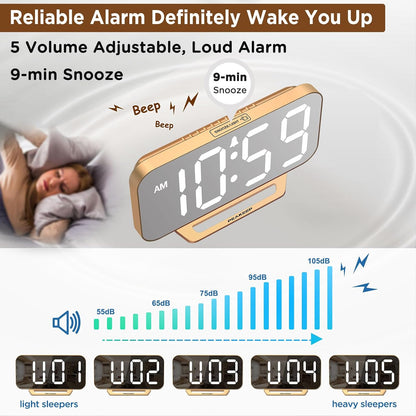 Slim Digital Mirror Alarm Clock, Large LED Display, 6-Level Brightness, Adjustable Alarm Volume, Gold