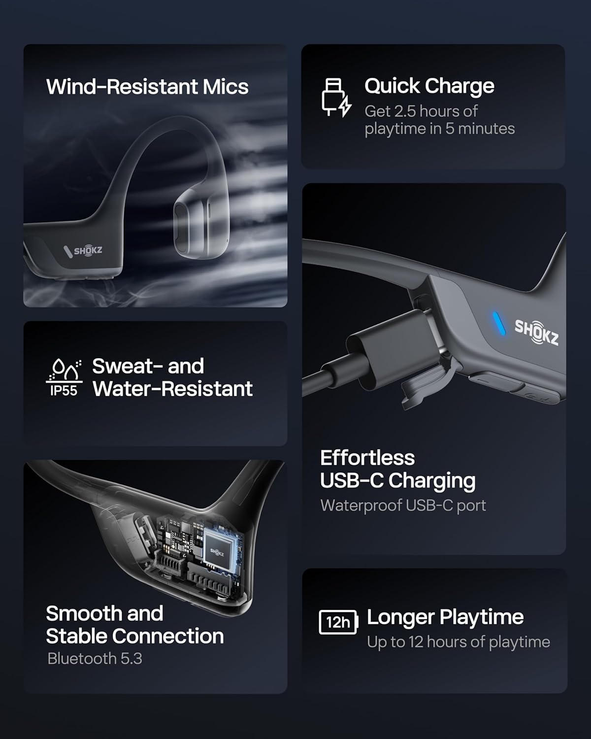 Auriculares deportivos Bluetooth SHOKZ OpenRun Pro 2 de conducción ósea, negro, con tira reflectante; sonido premium DualPitch; percepción del entorno con diseño de oído abierto; micrófono inteligente; IP55; 12h de batería; para correr/ciclismo/senderismo