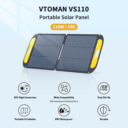 VTOMAN Jump 600X 600W Portable Power Station with 110W Foldable Solar Panel 170W Fast Recharge, 268.8Wh LiFePO4 Battery, 100W USB-C Output, 1200W Surge Solar Generator Kit for Camping, RV, Home Backup