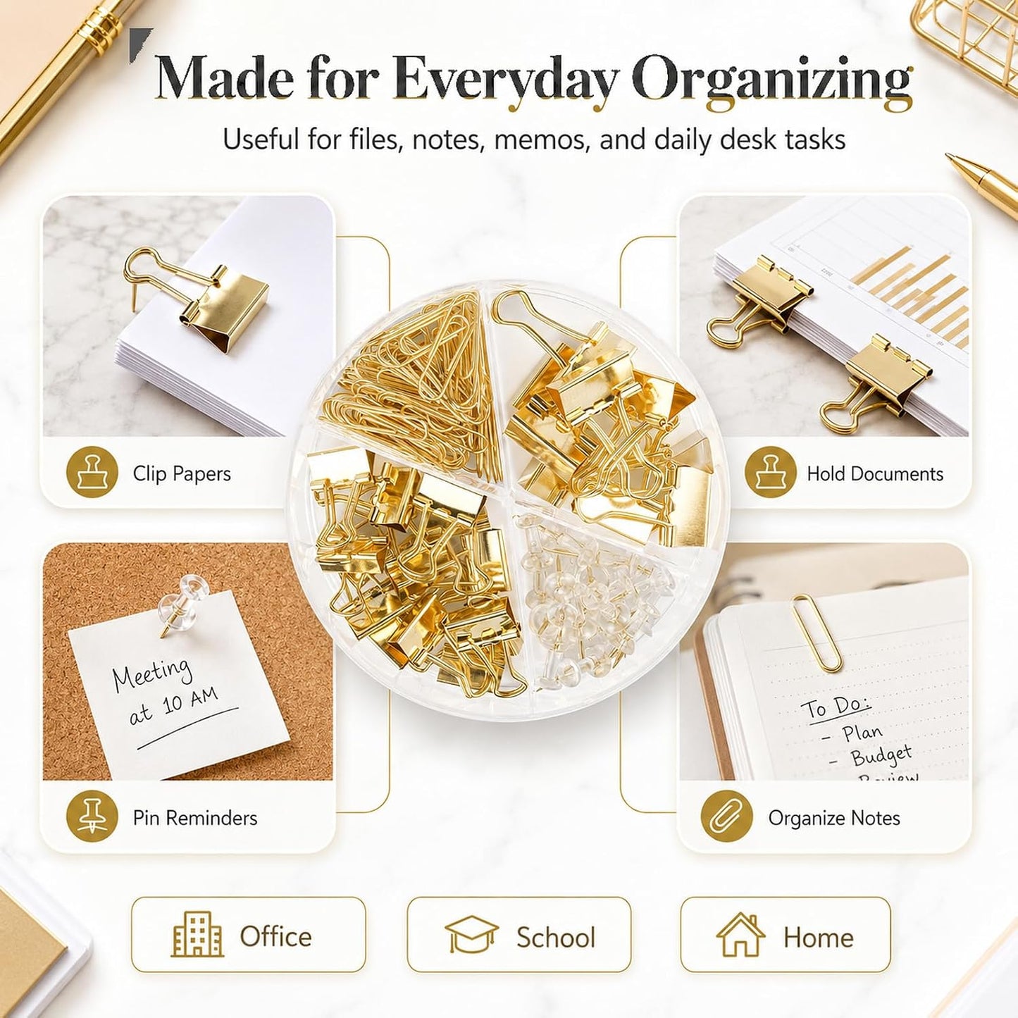 CREECHWA Paper Clips Binder Clips and Push Pin Set, 72-Piece Assorted Size Desk Organizer Kit, Gold