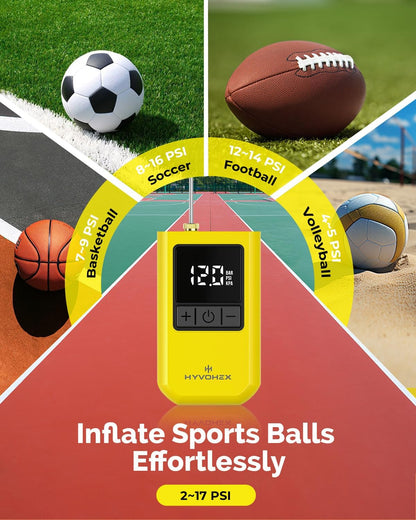 HYVOHEX Portable Electric Ball Pump with Needle, Rechargeable Sports Ball Inflator with Digital LED Display, Preset Auto-Stop Pressure, USB-C, Yellow