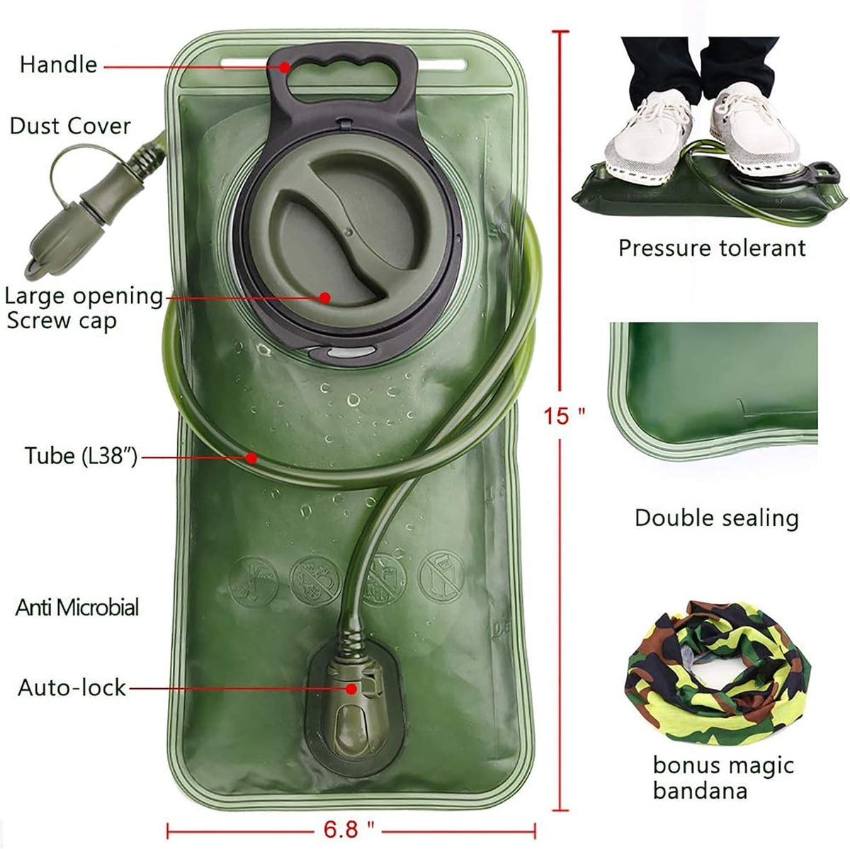 CHERAINTI 2L Hydration Bladder for Hiking Backpack, BPA-Free Leak-Proof Water Reservoir with Quick-Release Tube, High-Flow Bite Valve & Dust Cover, Military Green