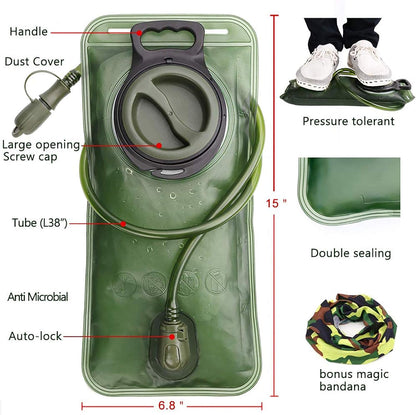 CHERAINTI 2L Hydration Bladder for Hiking Backpack, BPA-Free Leak-Proof Water Reservoir with Quick-Release Tube, High-Flow Bite Valve & Dust Cover, Military Green