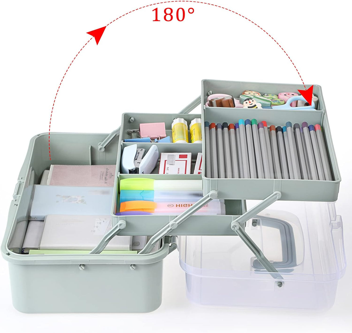 BTSKY 3-Layer Plastic Dividing Storage Box, Craft Organizer and Storage Case with Adjustable Compartments, Haze Green