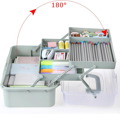 BTSKY 3-Layer Plastic Dividing Storage Box, Craft Organizer and Storage Case with Adjustable Compartments, Haze Green