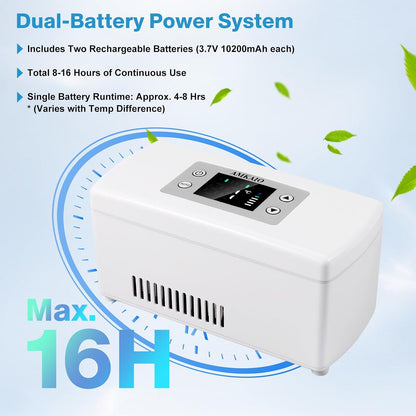 Portable Insulin Cooler Travel Case with Digital Thermostat, FAA-Compliant Stable 0-18°C, holds 3-6 pens, long battery, car/wall/USB, easy LCD.