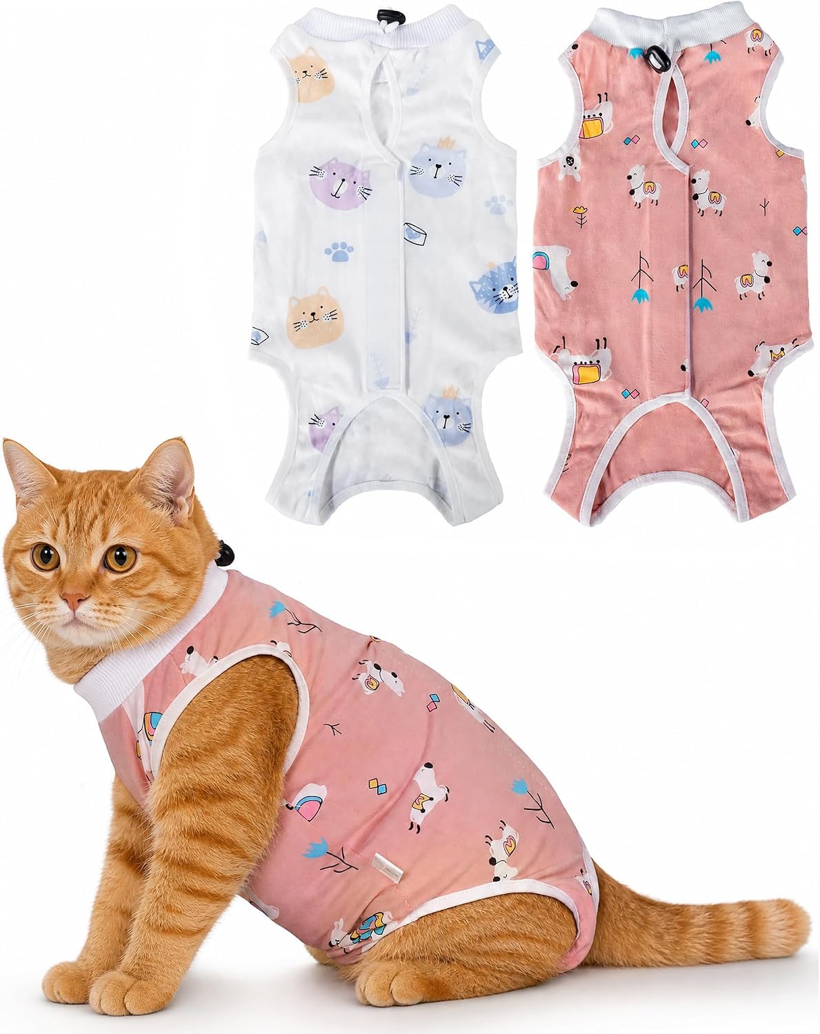 ANWA 2 Pack Cat Recovery Suit for Female Cats, Breathable Post-Surgery Recovery Onesie, Medium, Alpaca + Kitten