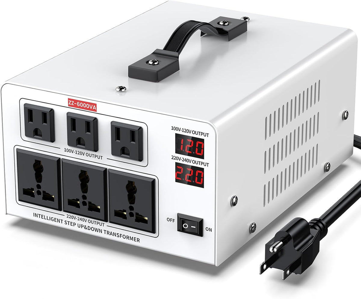 6000VA Step Up/Down Voltage Transformer Converter 110/120V to 220/240V Auto Input Recognition,3 US & 3 Universal Outlets, LCD Display,for Home Appliances,International Travel, Workshop, Power Tool