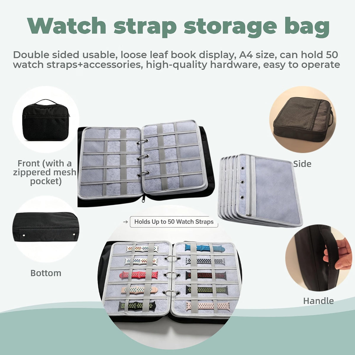 50-Slot Felt Watch Band Organizer Binder, Zippered Watch Strap Storage Case with 5 Double-Sided Pages, Mesh Accessory Pockets, Portable Travel Organizer, Gray
