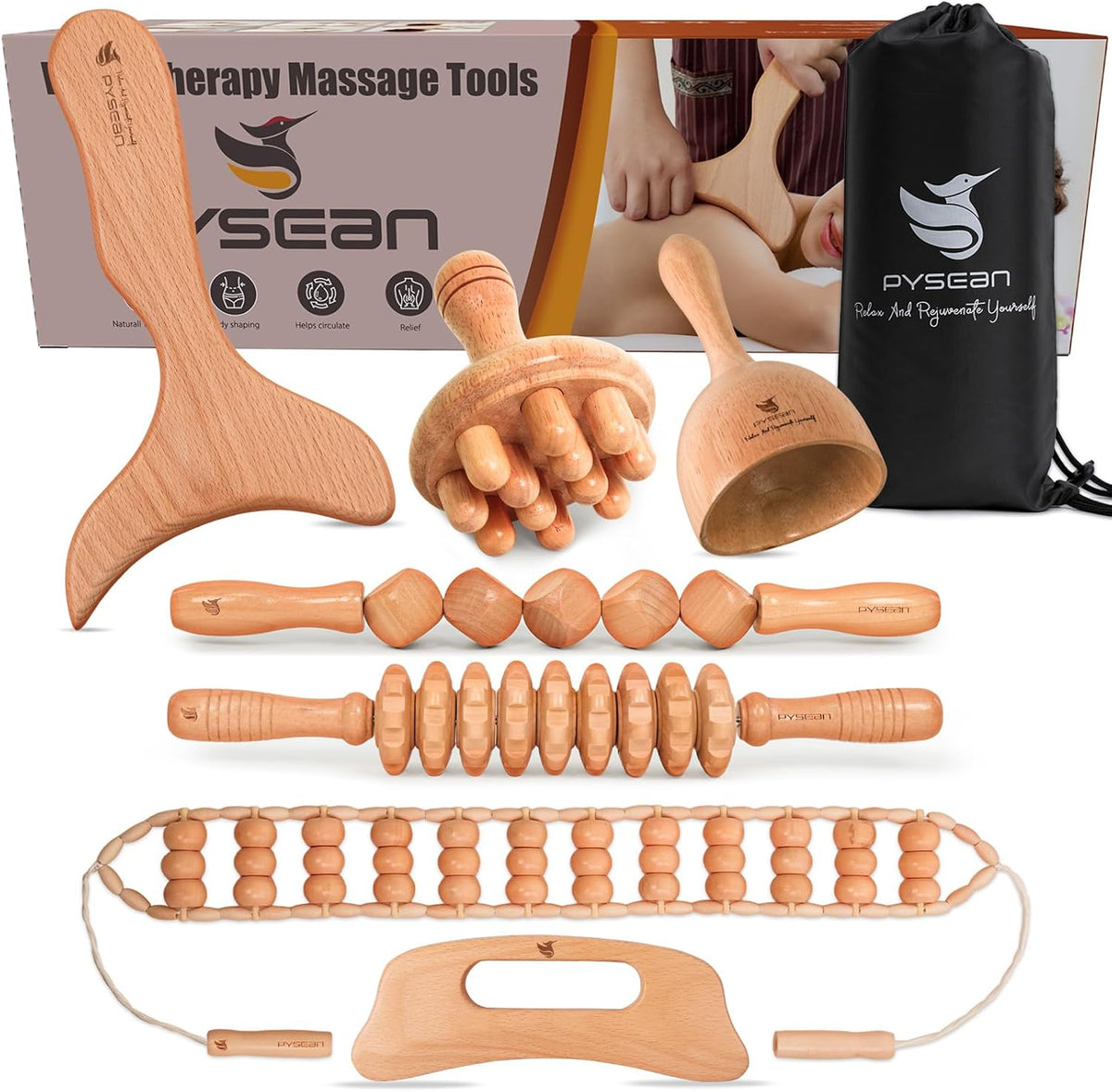PYSEAN 7-Piece Wooden Massage Tool Kit, Manual Body Massager Set with Natural Wood Tools for Back, Legs, Arms & Shoulders
