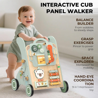 WOODMAM Push Baby Walker, Wooden Sit-to-Stand Learning Toy for 12M+ 10-in-1 Montessori Activity Center, Early Educational Push Toy, Detachable Busy Board, Adjustable Speed, Adorable Bear Design