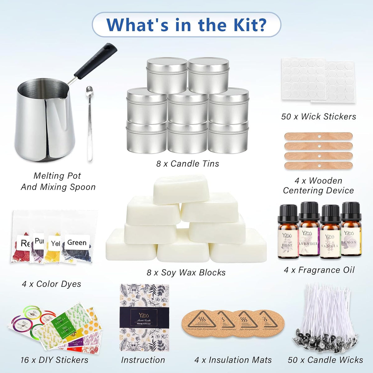 Yzoo Complete Candle Making Kit for Adults & Beginners, 151-Piece DIY Soy Candle Making Set with Wax Melter, Fragrance Oils, Dyes, Wicks, Candle Tins & Accessories