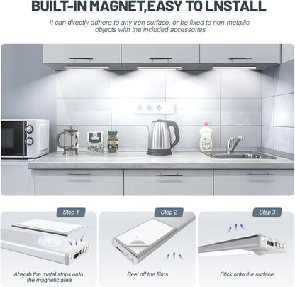 6 Pack Under Cabinet Lighting, 32 LED Motion Sensor Light Indoor Rechargeable Magnetic Closet Lights Battery Operated, Under Counter Lights for Kitchen, Wardrobe, Hallway, Stairs White Light