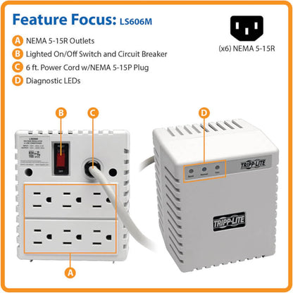 Eaton Tripp Lite LS606M Power Conditioner Surge Protector 600W 6 Outlets, 120V Automatic Voltage Regulator, 20dB EMI/RFI Line Filter, 720 Joules