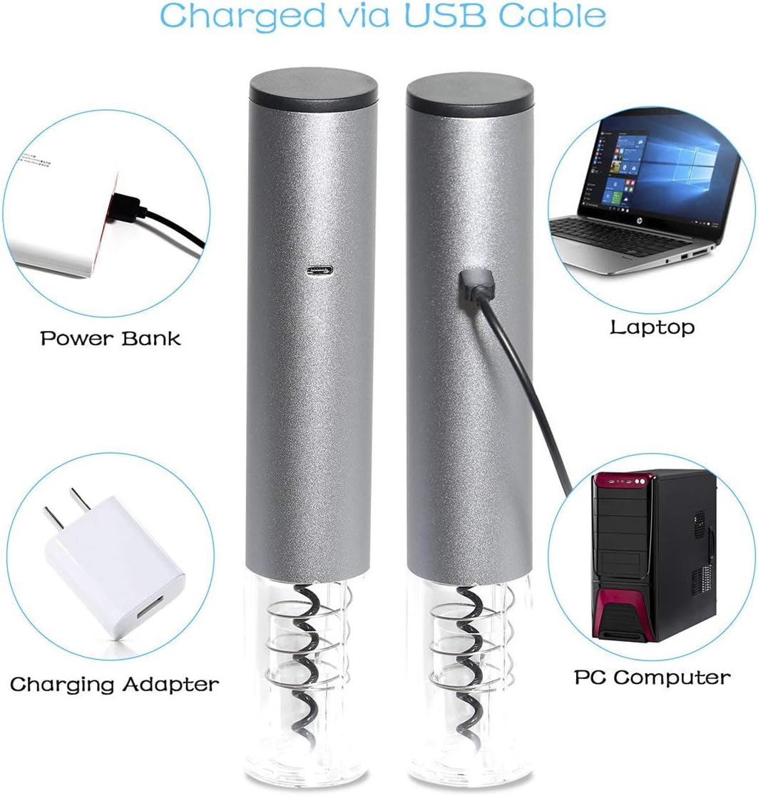 Hotool Rechargeable Electric Wine Opener Set, Automatic USB-C Corkscrew with Wine Aerator, Foil Cutter & Vacuum Stopper, Silver