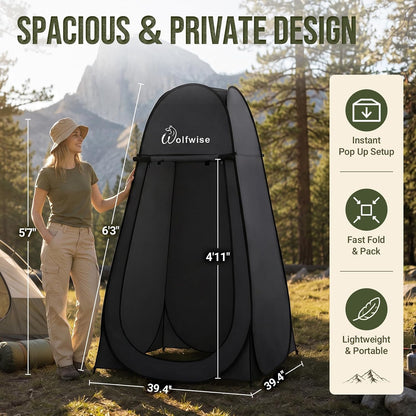 WolfWise Pop Up Shower Tent, Portable Privacy Tent for Camping, Beach & Hiking, Waterproof Changing Room & Toilet Shelter with UPF30+ Protection, Black