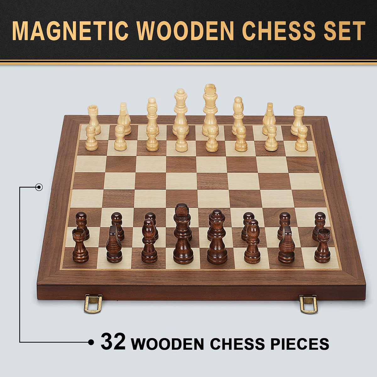 Jumlys Magnetic Wooden Chess Set, 15-Inch Folding Chess Board with 2 Extra Queens, Portable Travel Chess Set with Storage Slots, Solid Wood Chess Game for Adults & Kids