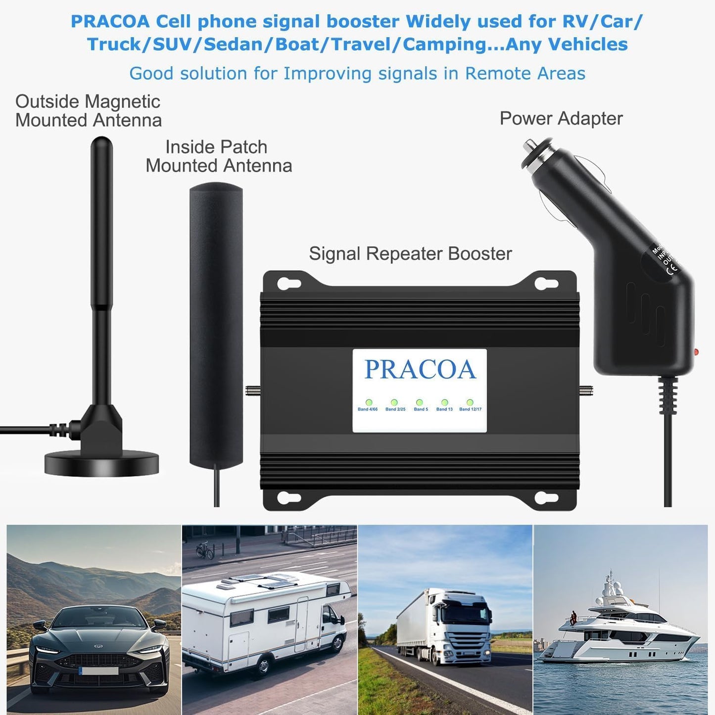 RV Cell Phone Signal Booster Car Truck RV Cell Phone Booster Car Vehicle SUV Support All Carriers AT&T T Mobile Verizon Signal Booster Car Cell Booster for RV 5G 4G LTE 3G Band 13/12/17/5/4/66/2/25