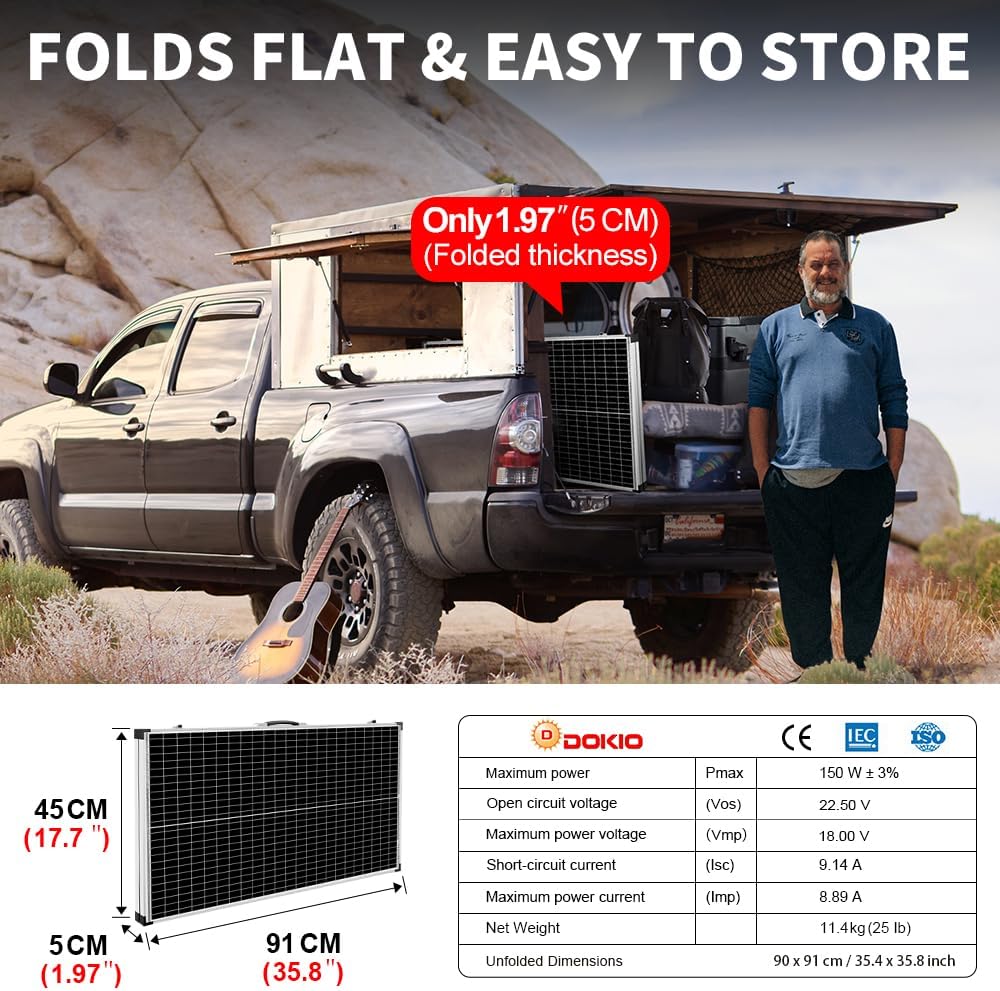 DOKIO 150W Foldable Solar Panel Suitcase with Charge Controller, Gray Folds to 17.7 x 35.8 in and weighs 22.4 lb; for 12V batteries, power stations, RVs, boats, camping, and emergencies