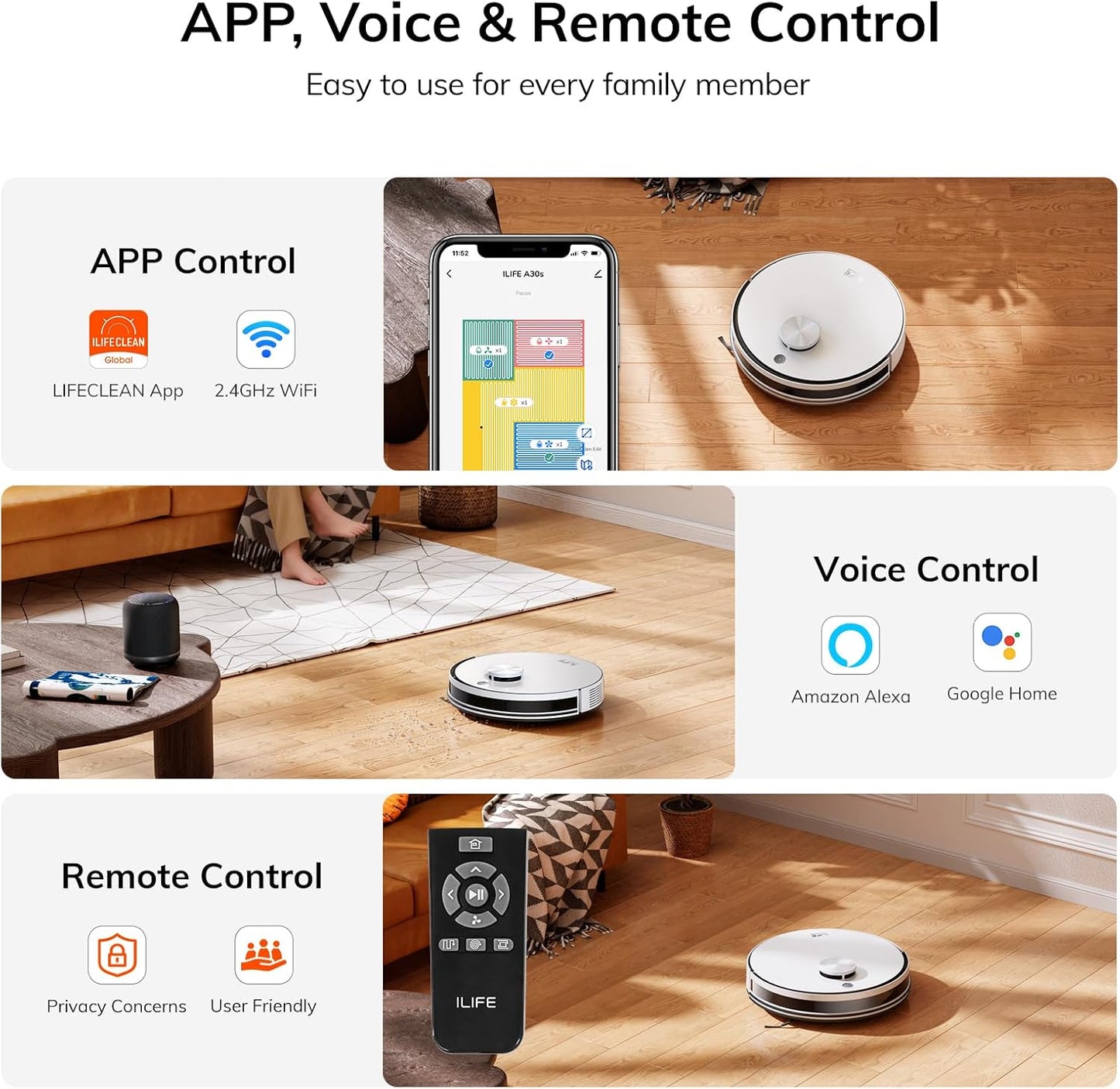 ILIFE A30s Robot Vacuum, 10000Pa Max Suction LiDAR Navigation, Home Mapping, No-Go Zone, 150 Mins, App, Voice and Remote Control, for Hard Floor, Carpet and Pet Hair