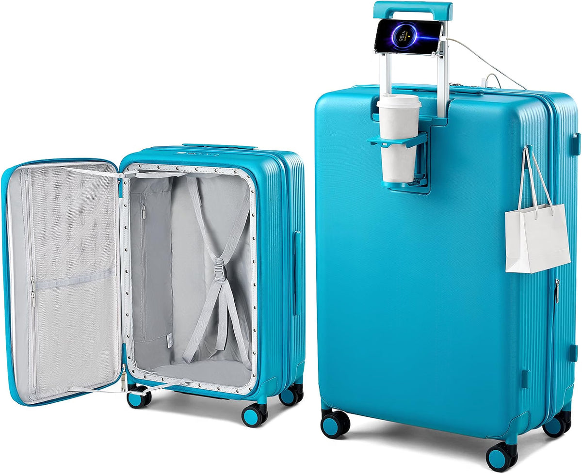 Hanke 28-Inch Expandable Luggage with Spinner Wheels, Top-Opening Hard Shell Suitcase with Cup Holder, TSA Lock, USB Port & 130L Capacity, Caribbean Blue