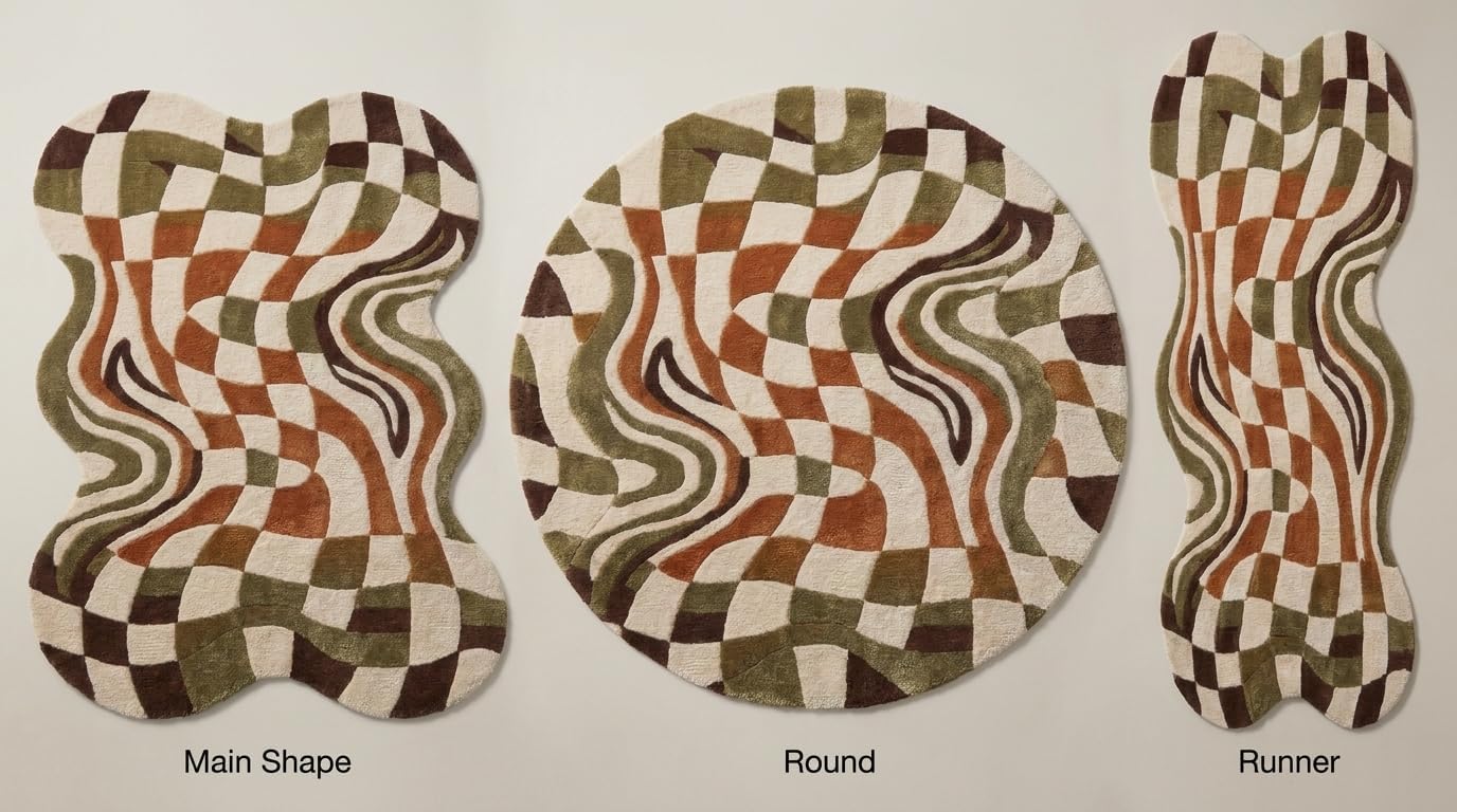 Warped Checkerboard Wool Rug, Hand-Tufted Retro Groovy Area Rug in Green, Rust & Cream, Irregular Shaped Wavy Checkered Carpet for Living Room & Bedroom, Boho Decor, 9x12 ft (274 x 365 cm)