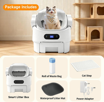 Self Cleaning Auto Litter Box Enclosure, Open-Top, Multiple Cats Safety Sensor Protection, Large Bin, Ultra Quiet, Easy Setup, Convenient Cleaning,Odor Control, Include Waste Bag, White