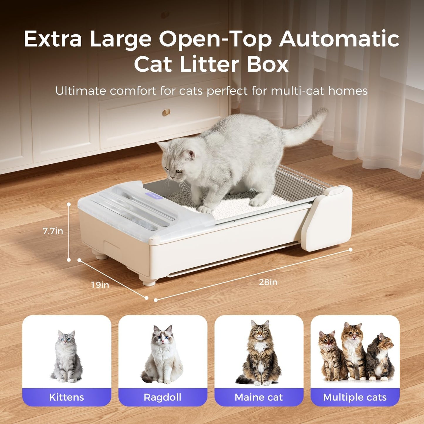 Open-Top Self Cleaning Litter Box, 2026 Upgraded Extra Large Automatic Cat Litter Box for Multiple Cats, Safety Sensors/App Control/Odor Control/Easy Clean - Includes 5 lbs Premium Cat Litter