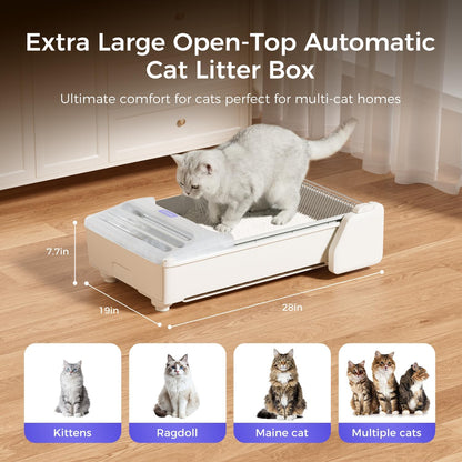 Open-Top Self Cleaning Litter Box, 2026 Upgraded Extra Large Automatic Cat Litter Box for Multiple Cats, Safety Sensors/App Control/Odor Control/Easy Clean - Includes 5 lbs Premium Cat Litter