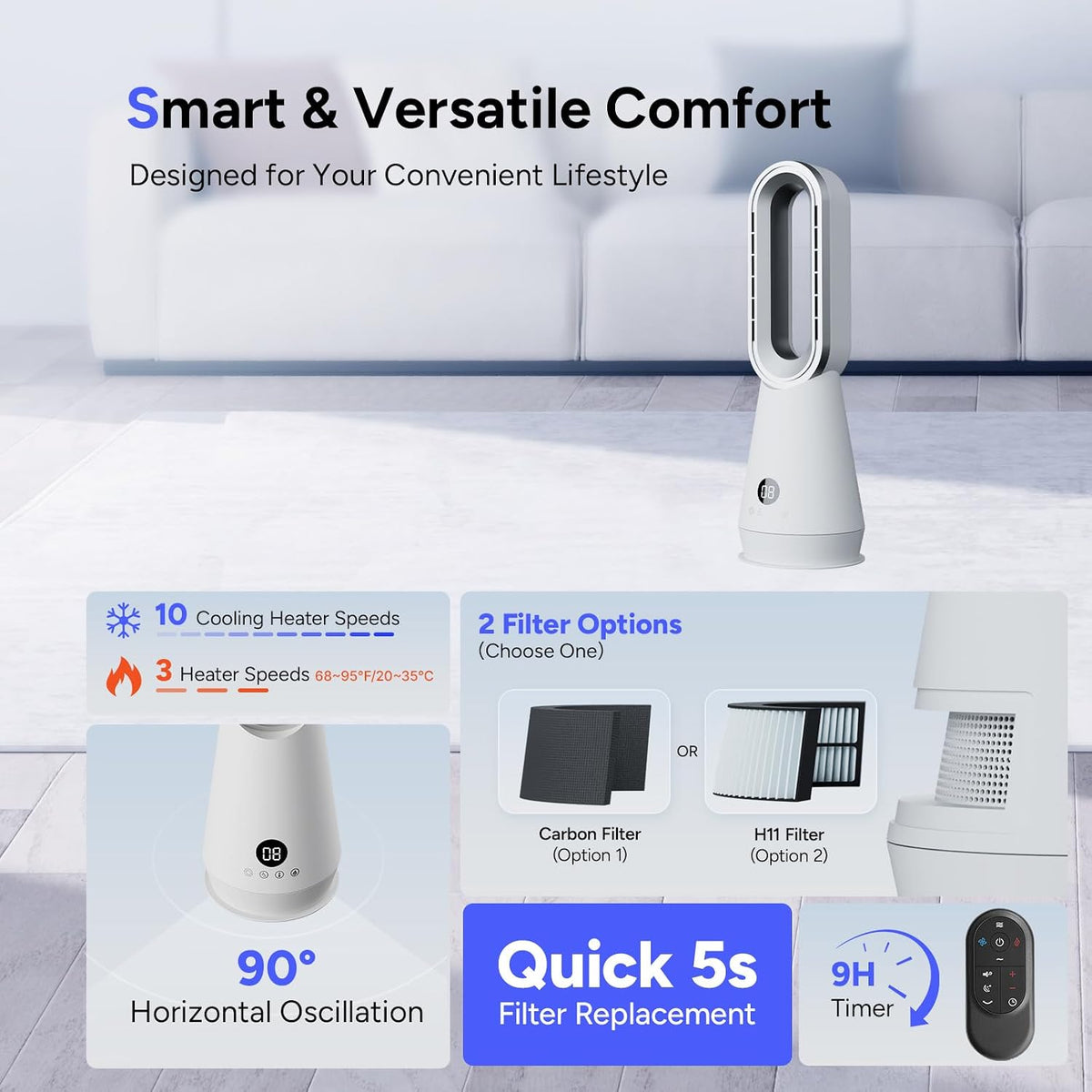 Bladeless Heater Fan with Air Purifier,22" 3-in-1 Fan Heater ComboFaryuan Bladeless Heater Fan with Air Purifier,22" 3-in-1 Fan Heater Combo