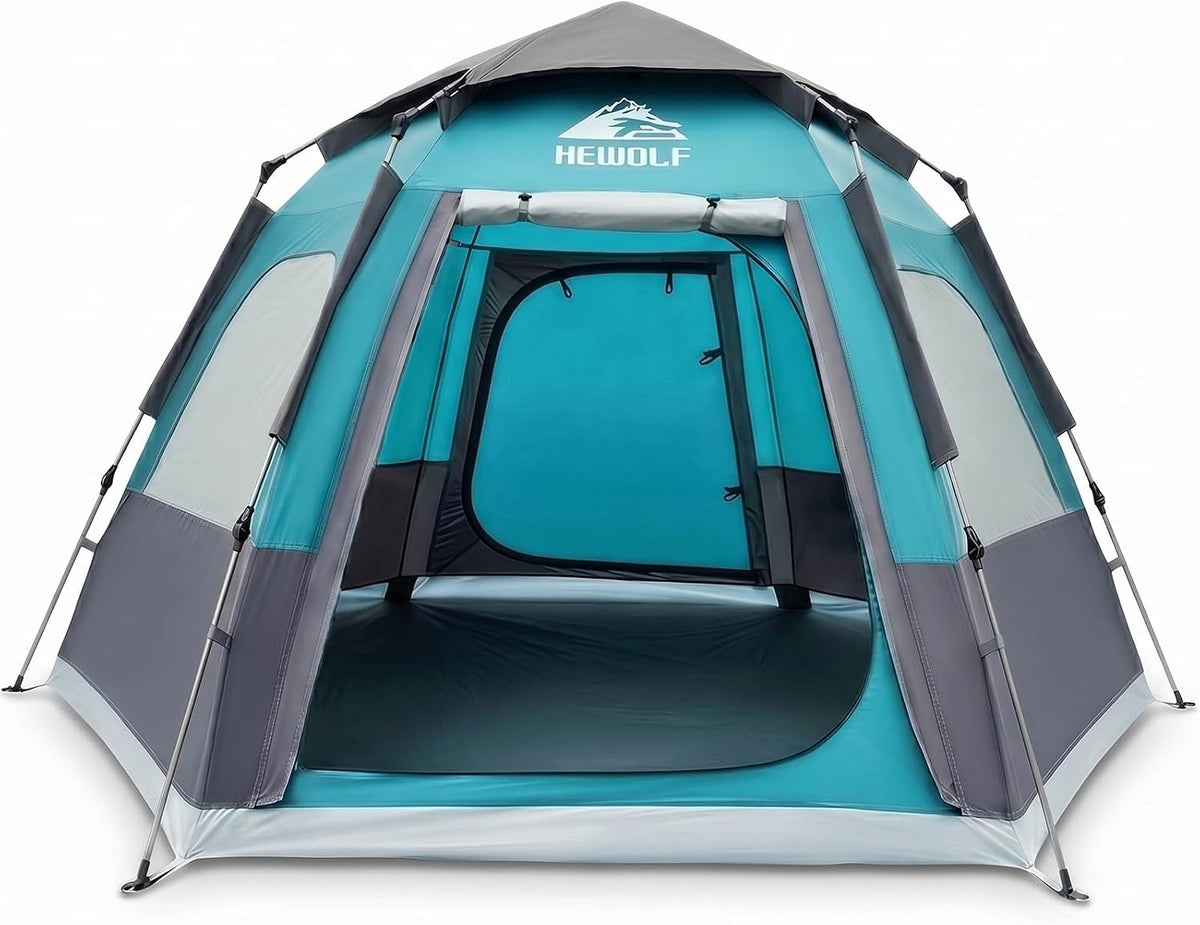 HEWOLF 2-4 Person Camping Tent, Instant Pop-Up Waterproof 2-Door 3-Season Hexagonal Dome Tent with Rainfly, Spacious Family Tent for Camping, Hiking & Travel, New Blue