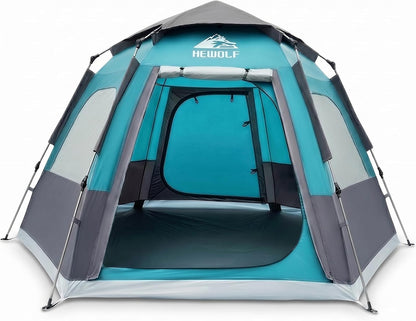 HEWOLF 2-4 Person Camping Tent, Instant Pop-Up Waterproof 2-Door 3-Season Hexagonal Dome Tent with Rainfly, Spacious Family Tent for Camping, Hiking & Travel, New Blue