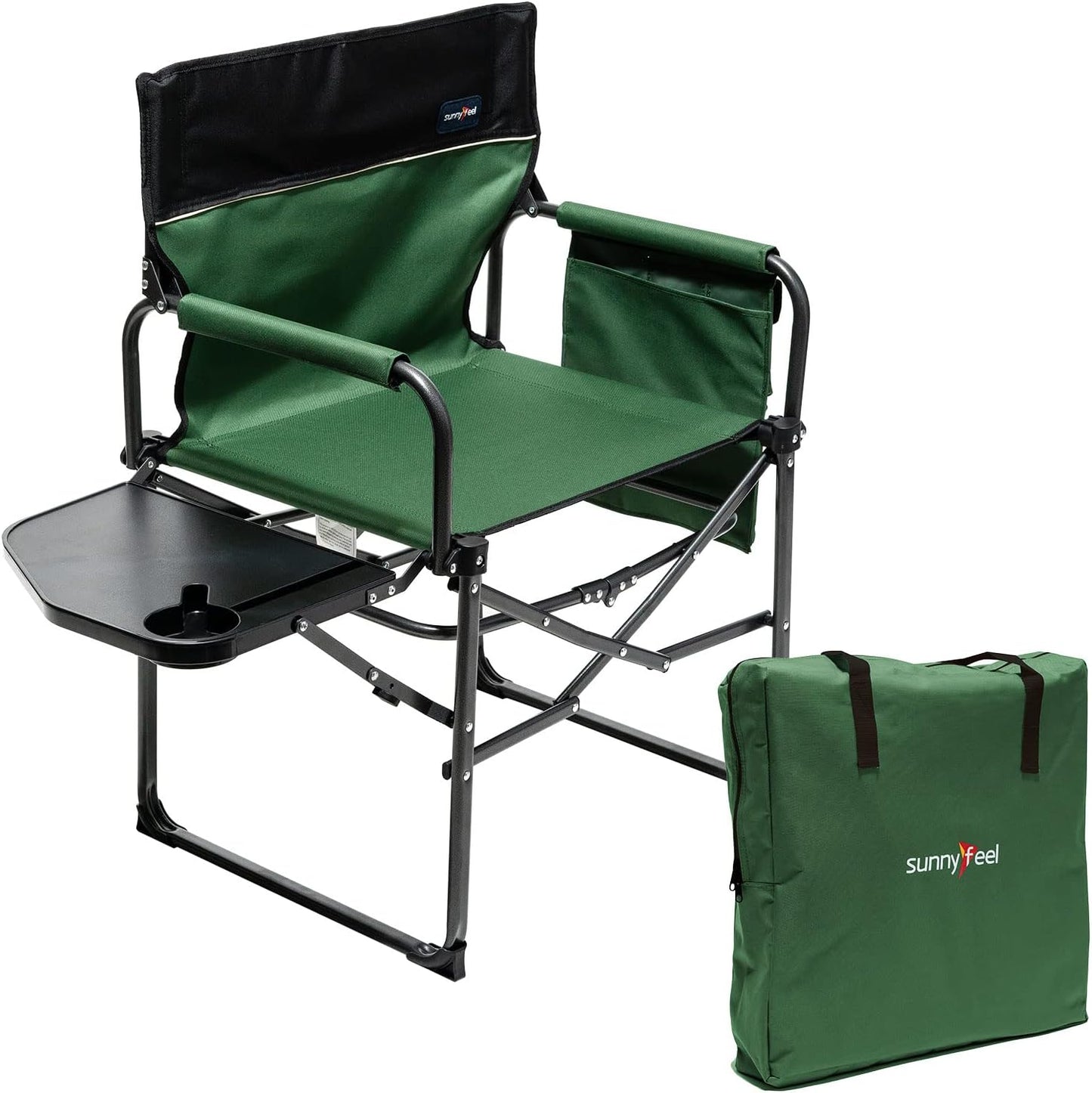 SUNNYFEEL Oversized Camping Chair Portable Directors Chairs with Side Table Heavy Duty Folding Lawn Chair for Adults 300LBS with Compact Size, Breathable Mesh, Pocket & Carry Bag for Outdoor, Lawn, RV