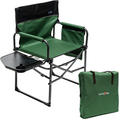 SUNNYFEEL Oversized Camping Chair Portable Directors Chairs with Side Table Heavy Duty Folding Lawn Chair for Adults 300LBS with Compact Size, Breathable Mesh, Pocket & Carry Bag for Outdoor, Lawn, RV