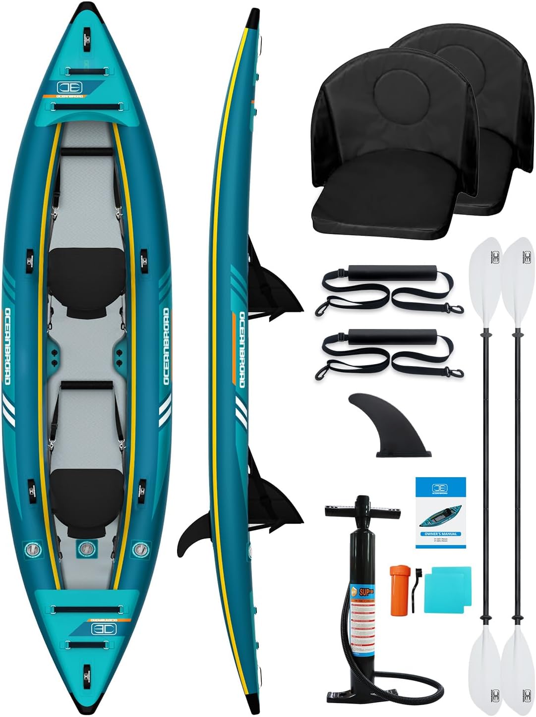 OCEANBROAD V420 Inflatable Sit-In Kayak, 2-Person Touring Kayak with Drop-Stitch Floor, 308 lb Capacity, Padded Seats, Paddle, Pump & Carry Bag, Blue
