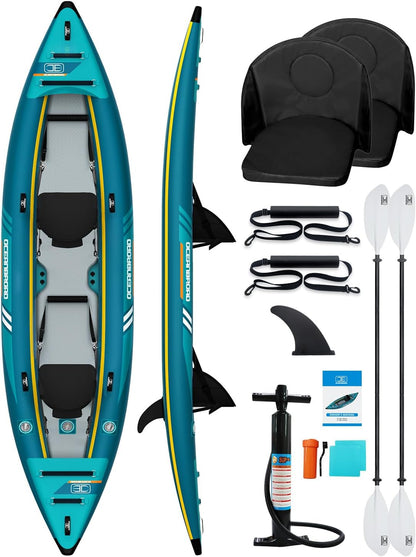 OCEANBROAD V420 Inflatable Sit-In Kayak, 2-Person Touring Kayak with Drop-Stitch Floor, 308 lb Capacity, Padded Seats, Paddle, Pump & Carry Bag, Blue