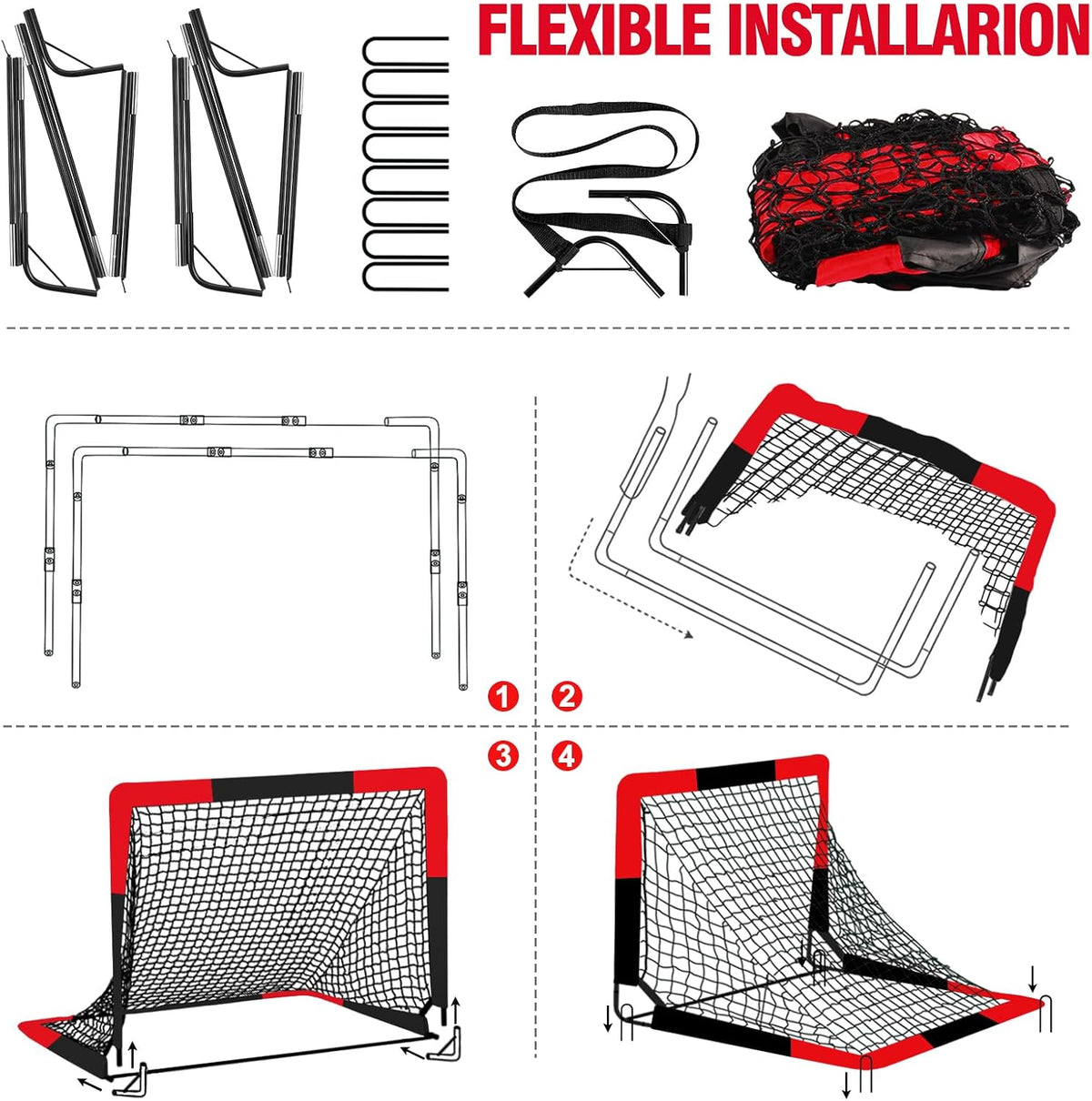 BORNEW 2-Pack Kids Soccer Goals, 4 x 3 FT Portable Pop-Up Soccer Nets with Carrying Bag & 8 Heavy-Duty Ground Stakes, Backyard & Indoor Soccer Training Set