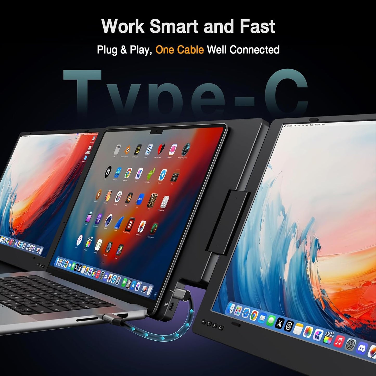 KYY Extensor de pantalla para laptop de 15.6", Monitor portátil FHD IPS de 1080P, un solo cable USB-C, triple monitor, pantalla dual de viaje para laptops de 12"-17", rotación de 360° y soporte, X90D (Requiere controlador)