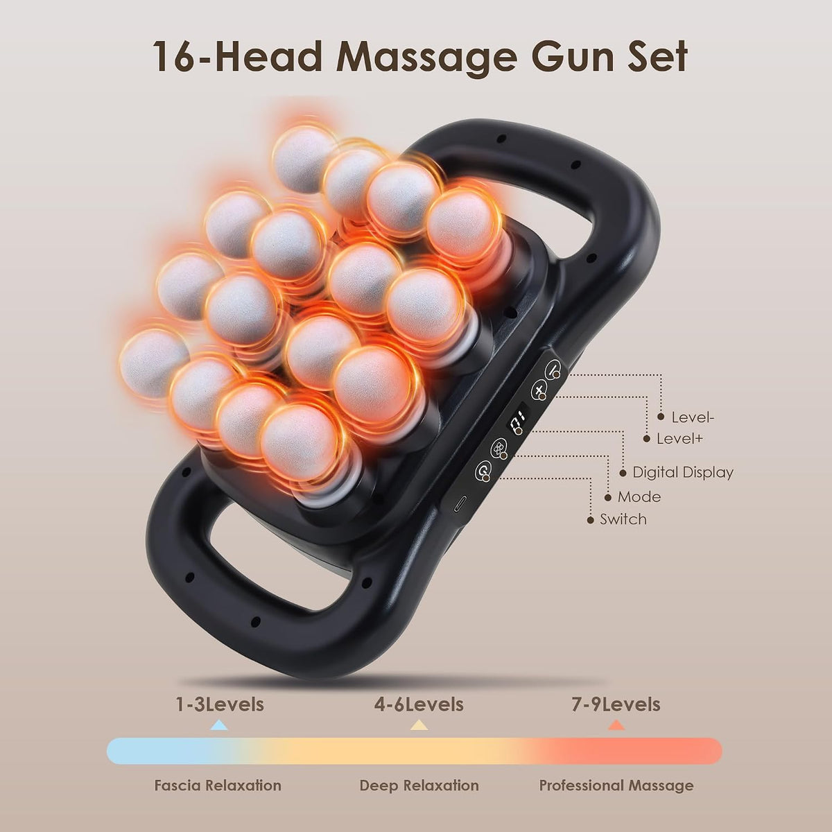 GAXEZO 16-Head Massage Gun Set, Deep Tissue Percussion Massager, 9 Modes & Adjustable Intensity, 2600mAh Rechargeable Battery, Black