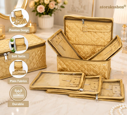 atorakushon Set of 5 Satin Makeup & Jewelry Pouches, Cosmetic Necklace & Earring Organizer, Lightweight Waterproof Vanity Storage Bag for Women, Gold