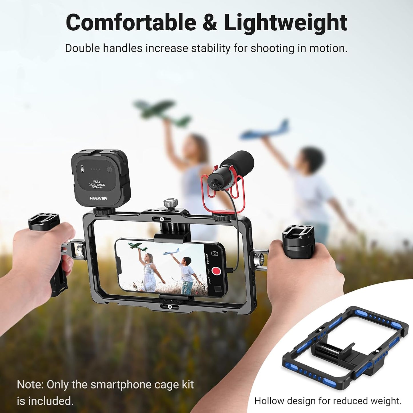 NEEWER Upgraded Phone Rig Vlogging Kit, Video Stabilizer with Dual Handle, Wireless Mic Clip Slot for TikTok YouTube, Compatible with SmallRig iPhone 17 Pro Max 16 16e 15 Galaxy S25 Ultra, PA009