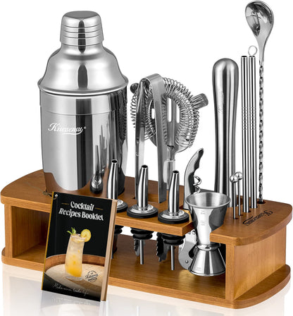 KITESSENSU Cocktail Shaker Set with Stand, 15-Piece Stainless Steel Bartender Kit, 25oz/750ml Martini Shaker with Jigger, Strainer, Spoon & Muddler, Silver