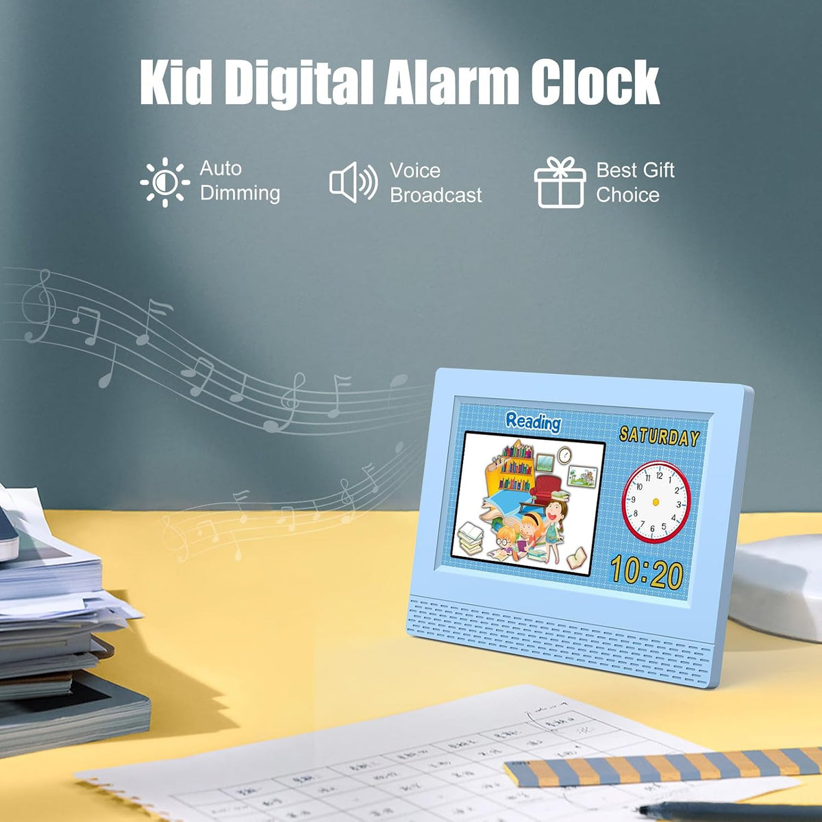 SENXINGYAN Kids Digital Alarm Clock, 7" Eye-Caring Display with Voice Scene Reminders, Cartoon Drawing Schedule Clock, Automatic Dimming, Blue