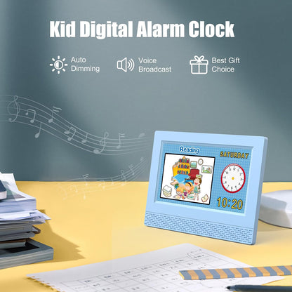SENXINGYAN Kids Digital Alarm Clock, 7" Eye-Caring Display with Voice Scene Reminders, Cartoon Drawing Schedule Clock, Automatic Dimming, Blue