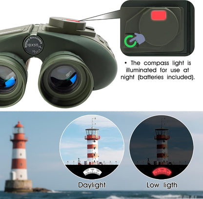SELFIE CAT 10x50 Marine Binoculars with Compass & Rangefinder, Waterproof Fogproof BAK4 Porro Prism Binoculars with FMC Multi-Coated Lenses for Boating, Sailing & Outdoor Activities