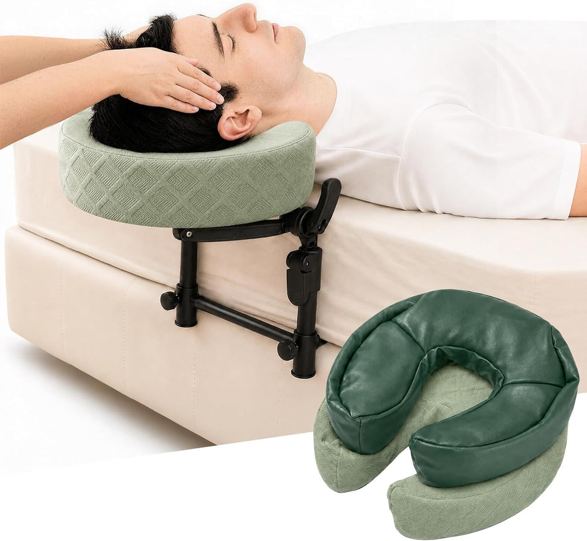 Cxgros Massage Headrest for Bed, Adjustable Face Cradle with Memory Foam Pillow, Foldable Under-Mattress Massage Head Holder, Green